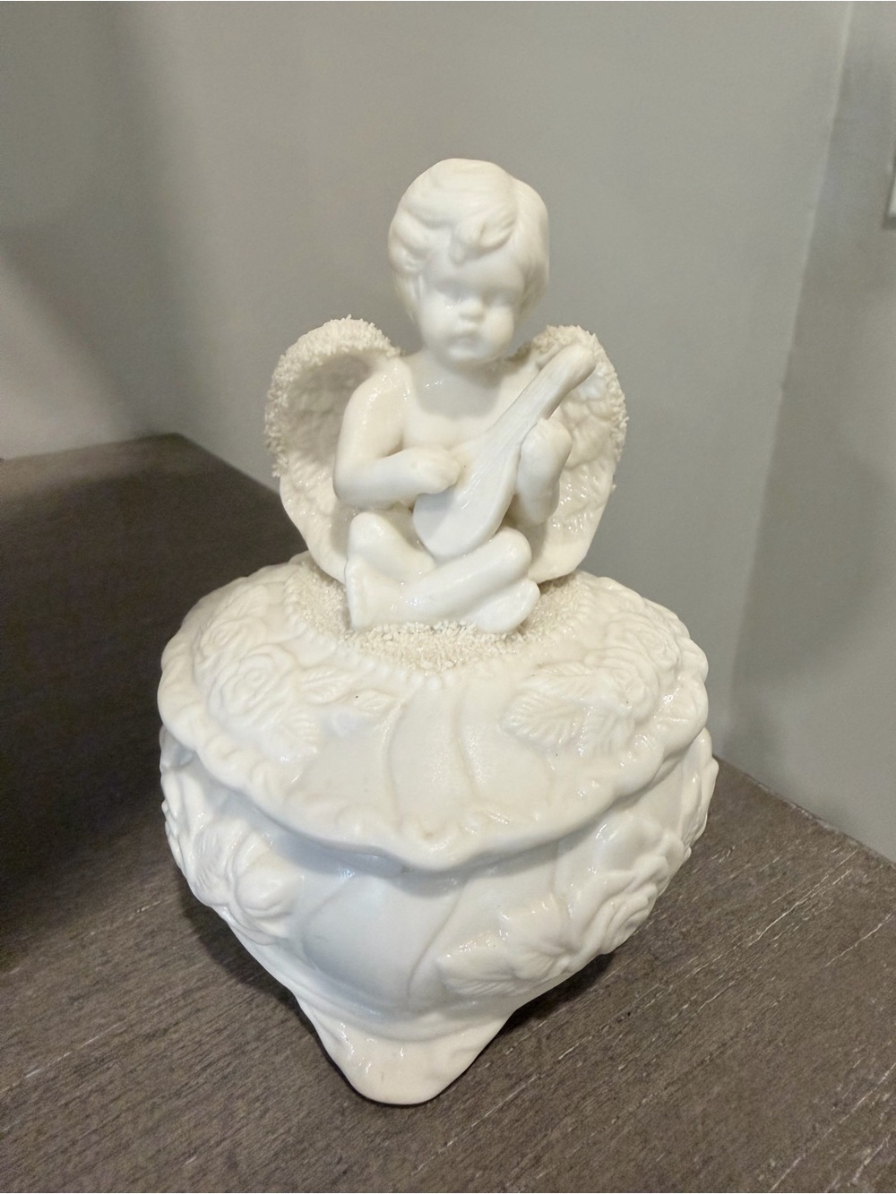 Vtg Heart Shaped Ceramic Cherub Angel Candy Trinket Dish Ring Keeper Unglazed